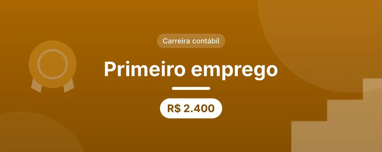 Capa do artigo sobre primeiro emprego na contabilidade: título centralizado em letras brancas sobre fundo laranja, selo Carreira contábil e etiqueta R$ 2.400, com degraus e uma medalha nas laterais.
