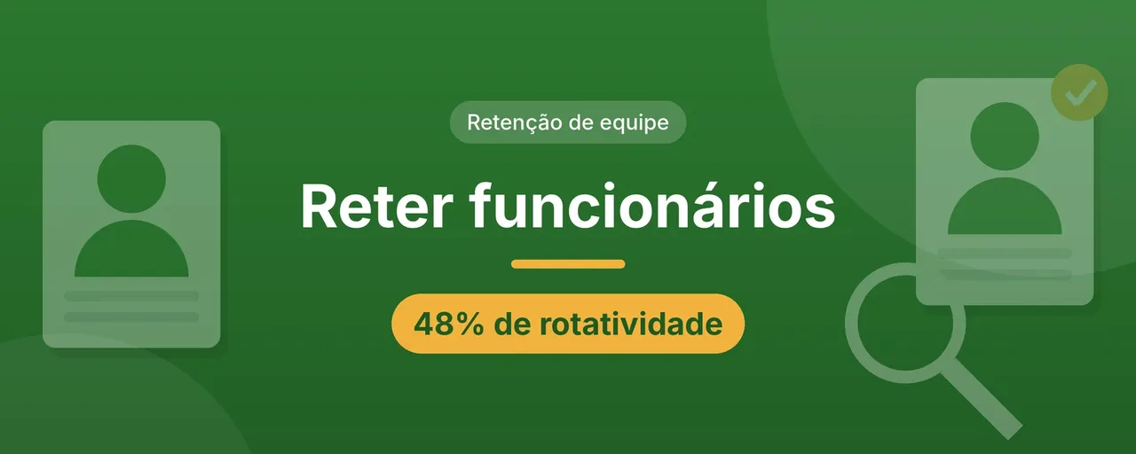 Capa do artigo sobre como reter funcionários no escritório contábil: título centralizado em letras brancas sobre fundo verde, selo Retenção de equipe e etiqueta 48% de rotatividade, com fichas de candidatos e uma lupa nas laterais.