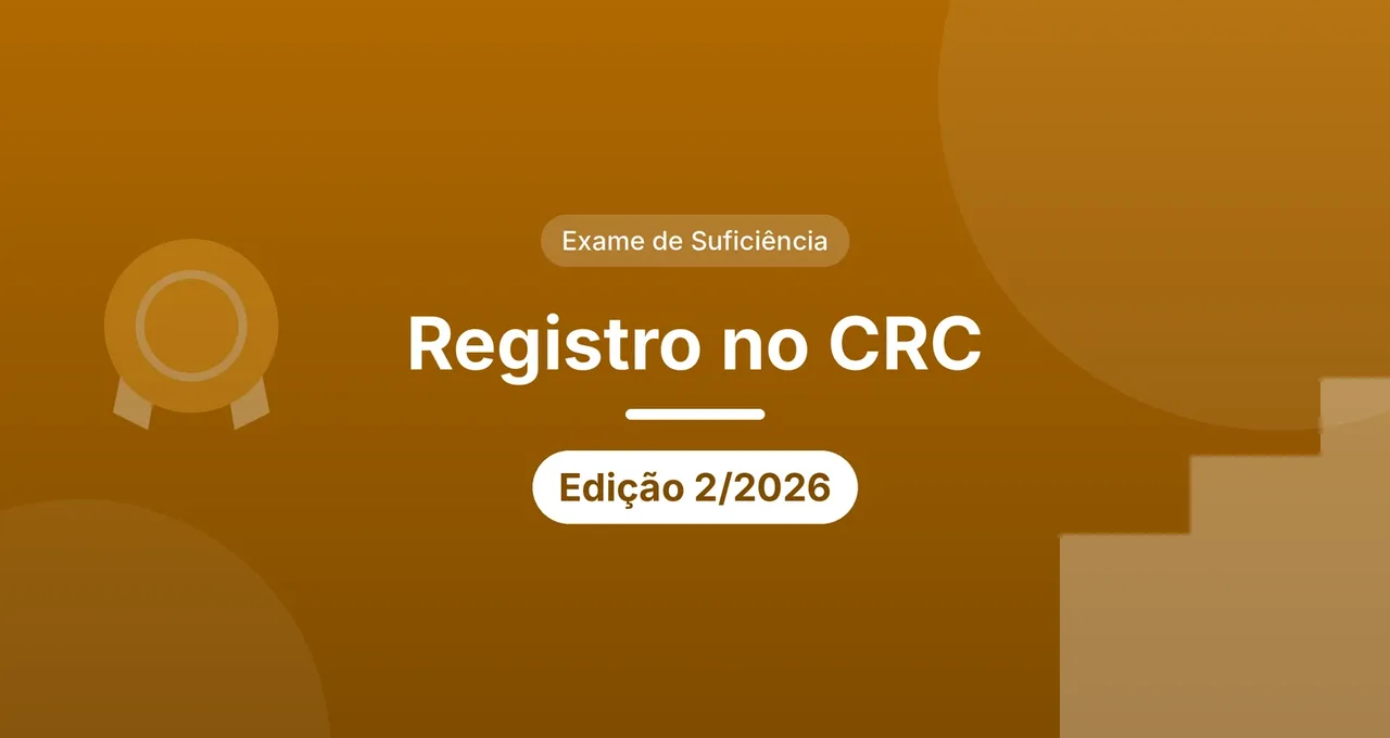 Capa do artigo sobre registro no CRC depois do Exame de Suficiência: título centralizado em letras brancas sobre fundo laranja, selo Exame de Suficiência e etiqueta Edição 2/2026, com degraus e uma medalha nas laterais.