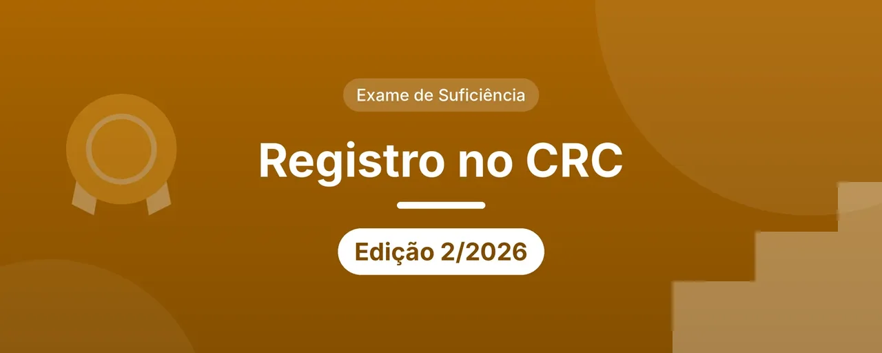 Capa do artigo sobre registro no CRC depois do Exame de Suficiência: título centralizado em letras brancas sobre fundo laranja, selo Exame de Suficiência e etiqueta Edição 2/2026, com degraus e uma medalha nas laterais.