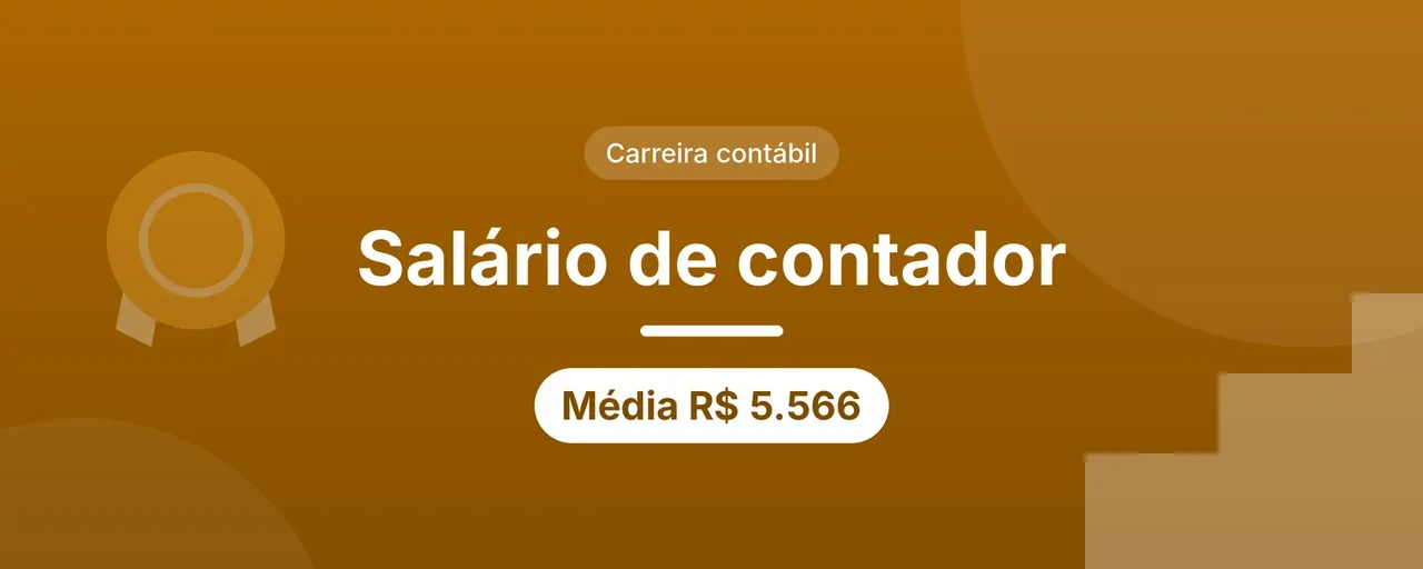 Capa do artigo sobre salário de contador em 2026: título centralizado em letras brancas sobre fundo laranja, selo Carreira contábil e etiqueta Média R$ 5.566, com degraus e uma medalha nas laterais.