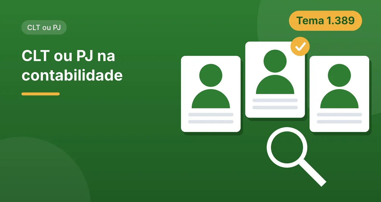 Ilustração para o artigo CLT ou PJ na contabilidade: fichas de candidatos e uma lupa sobre fundo verde, representando a escolha do formato de contratação de um analista contábil.
