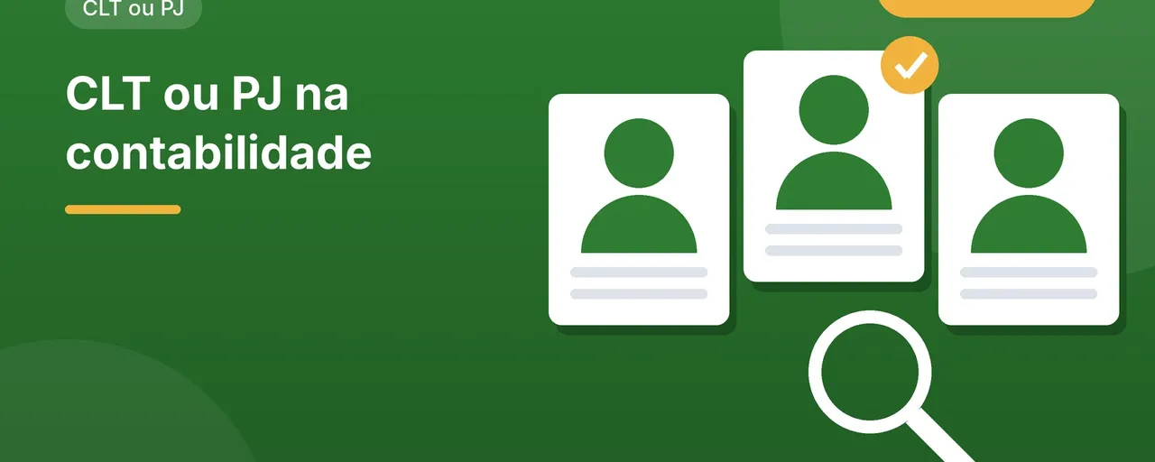 Ilustração para o artigo CLT ou PJ na contabilidade: fichas de candidatos e uma lupa sobre fundo verde, representando a escolha do formato de contratação de um analista contábil.